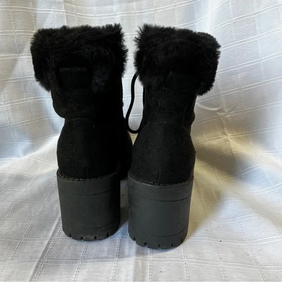 Top Moda Black Combat Style Chunky Heel Lace-Up Ankle Boots Faux Fur Women's 6.5 - Picture 4 of 11